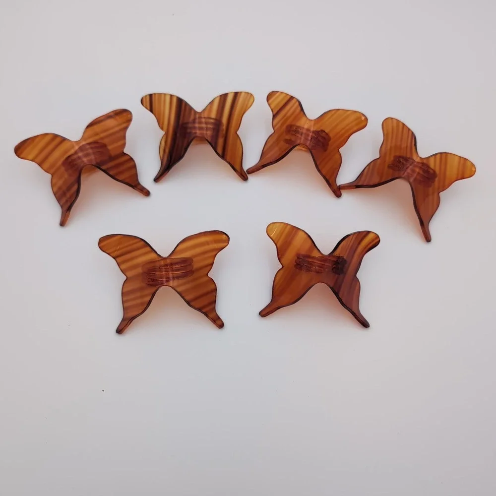 Vintage Acrylic Butterfly Napkin Rings Set 6 Amber Tortoiseshell Retro MCM